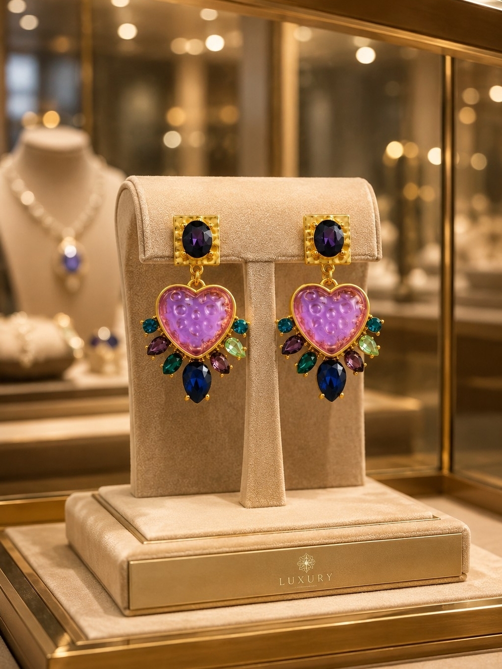 Gold-Plated Heart Drop Earrings with Purple Enamel and Multicolor Gem Accents